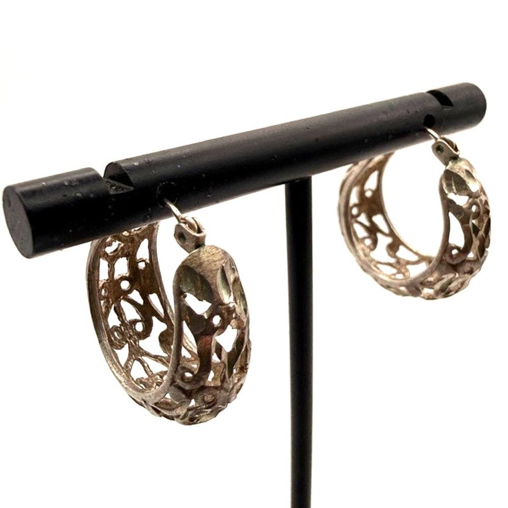 Vintage Signed CA 925 Sterling Silver Filigree Floral Cutout Hoop Earrings Wide